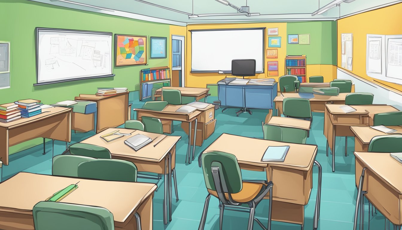 A classroom with a desk, chair, and whiteboard. Books and educational materials scattered around. A tutor and student engaged in learning