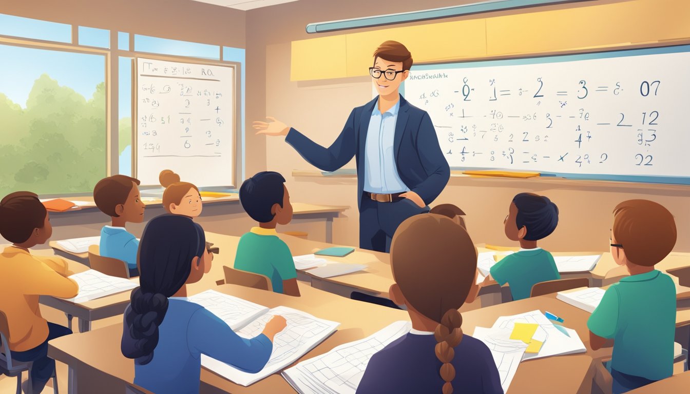 A teacher explains math concepts to students in a classroom setting, with textbooks and mathematical equations visible in the background