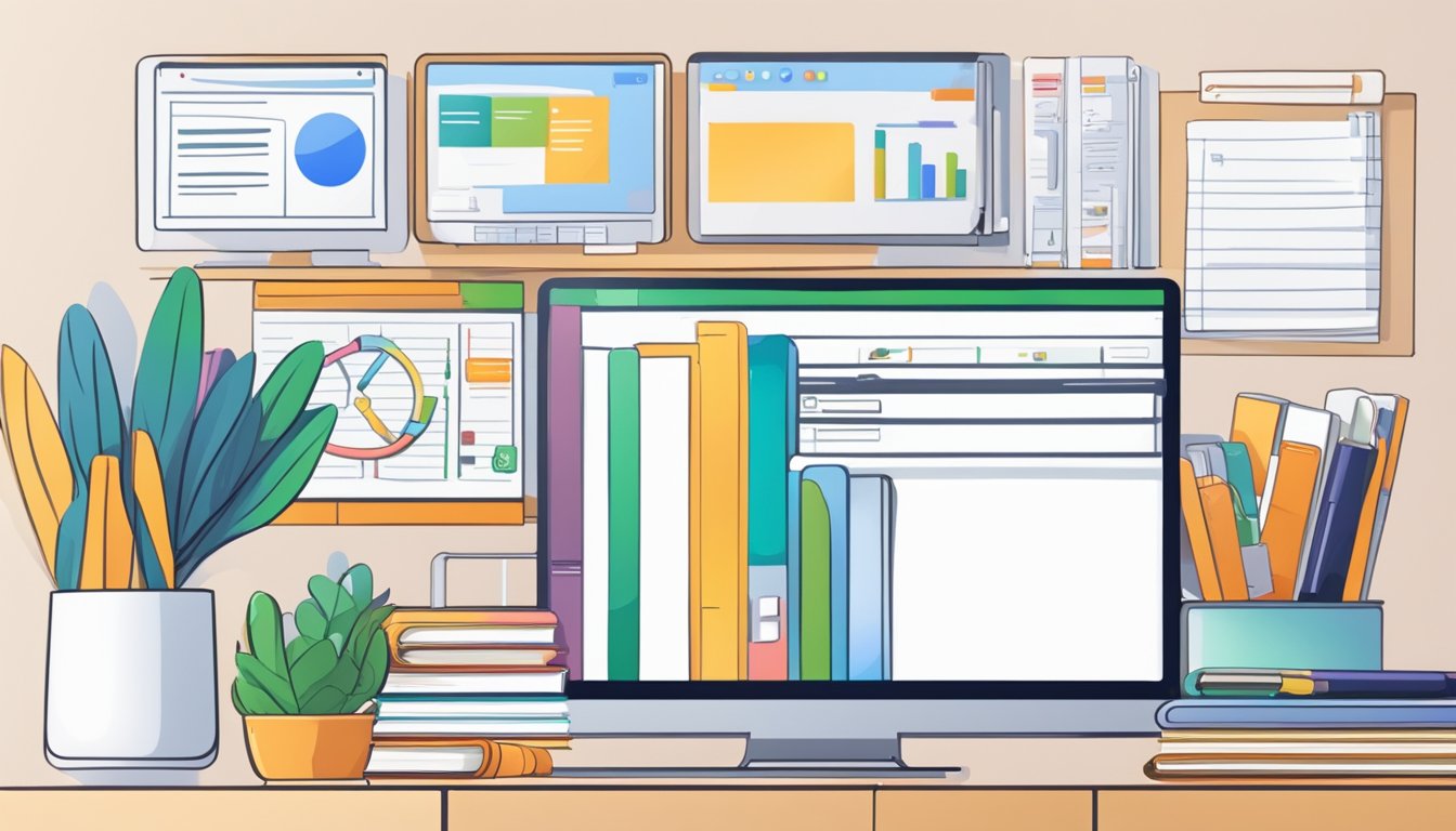 A computer screen displaying an online classroom with a virtual whiteboard and video conferencing, surrounded by books and study materials