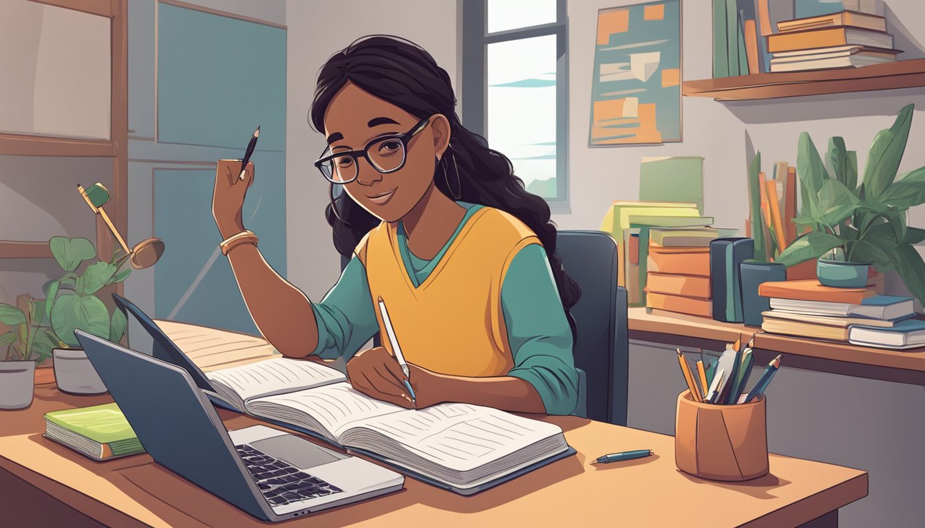 A student sits at a desk with a notebook and pen, ready to start their tuition assignments. A laptop and textbook are open in front of them, showing their dedication to learning
