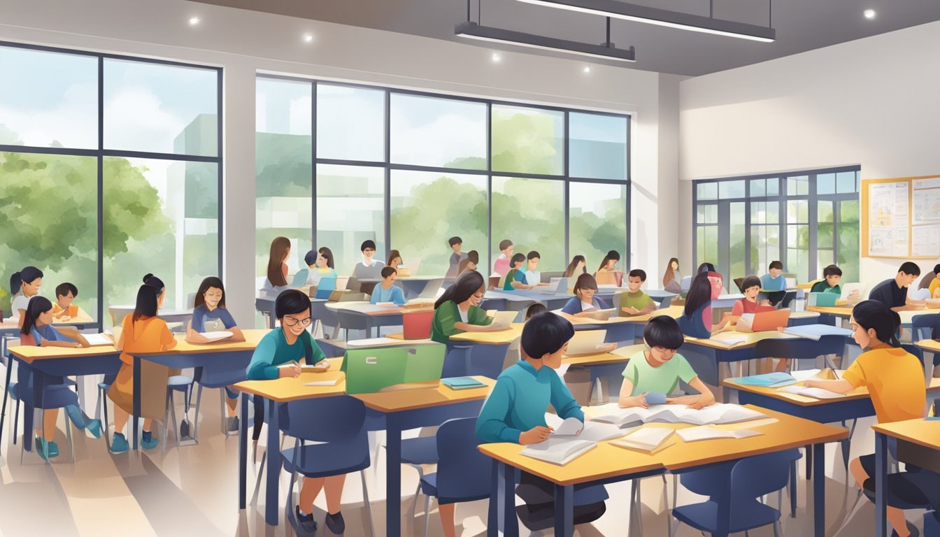 A bustling tuition centre in Woodlands, filled with students and tutors engaged in learning activities
