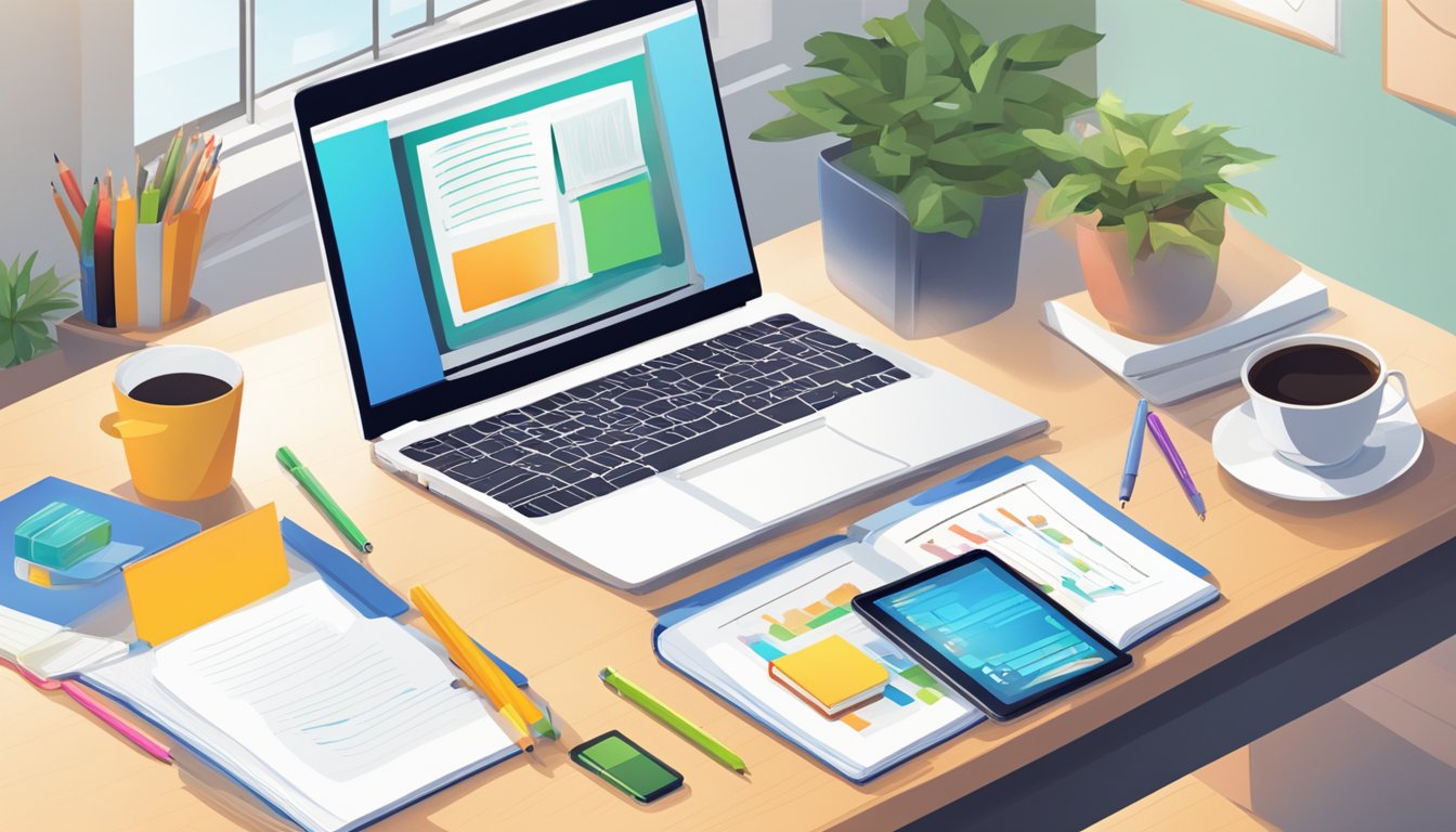 A laptop and a tablet placed on a desk with an open textbook, a notepad, and a pen. A bright screen showing an online tutoring session with a virtual whiteboard and video chat