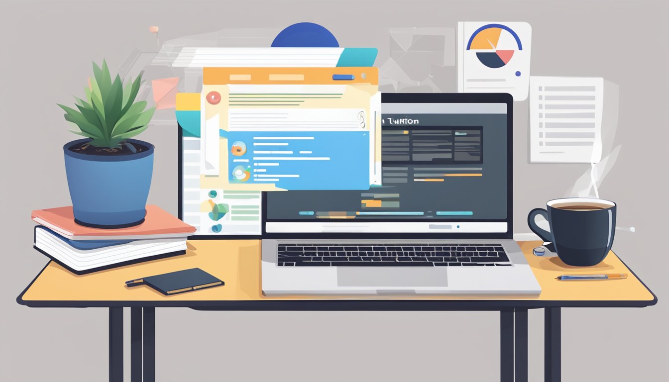 A laptop with an open online tuition platform on the screen, surrounded by a notebook, pen, and a cup of coffee on a desk