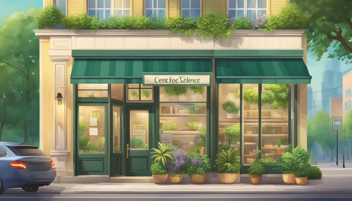 A bright, welcoming storefront with a sign reading "Centre for Excellence" in Woodlands, surrounded by lush greenery and a peaceful atmosphere
