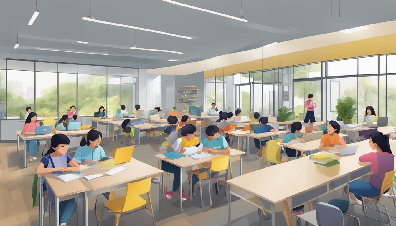 A bustling tuition centre in Woodlands with students studying, teachers instructing, and a welcoming reception area