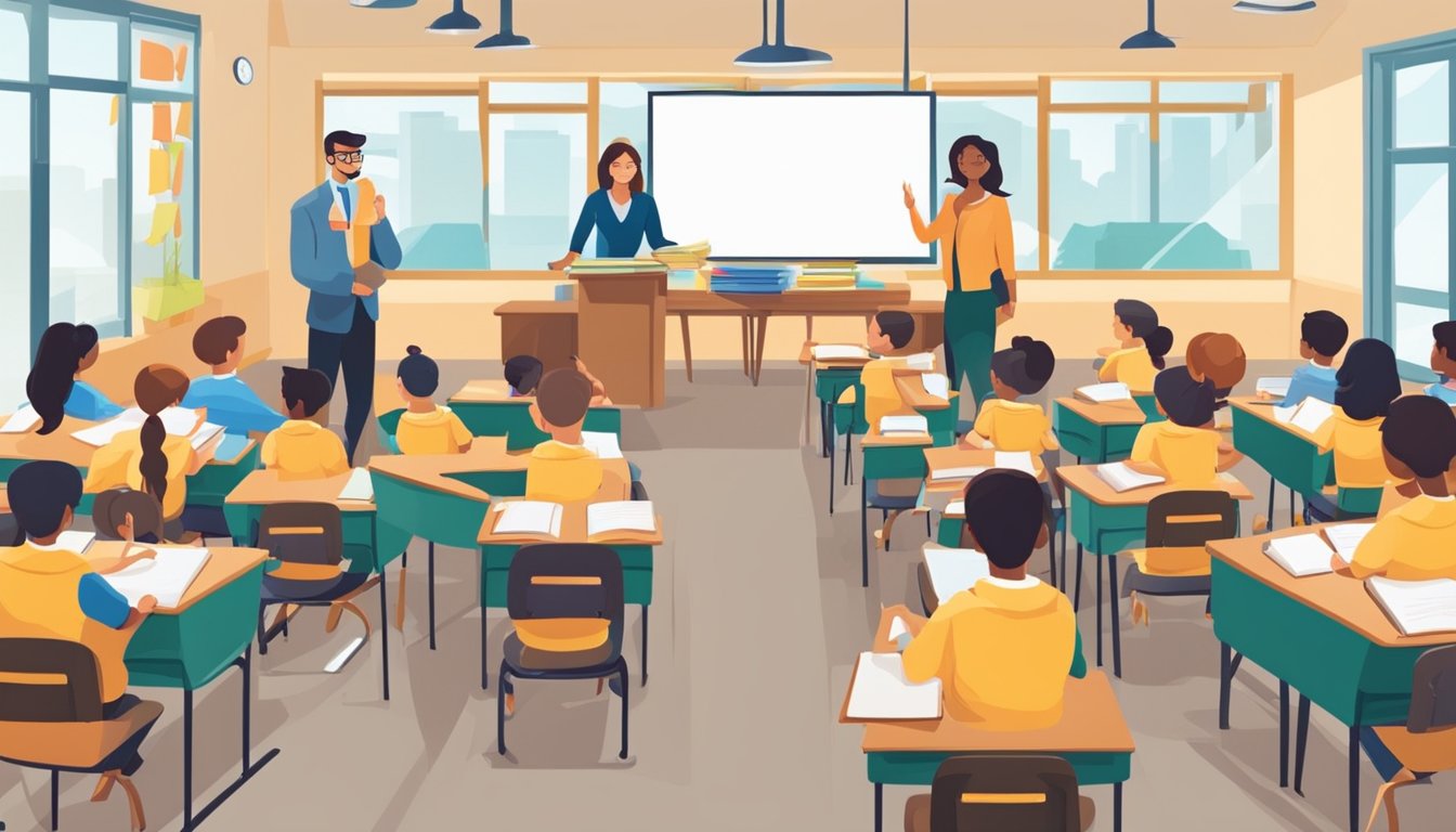 A classroom with books, whiteboard, and desks. A teacher instructs students. Bright lighting and a focused atmosphere