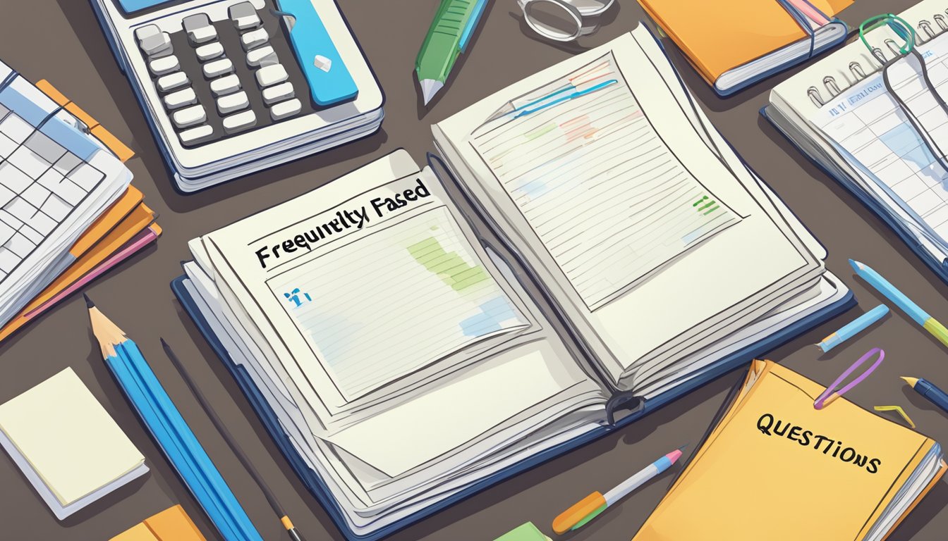 A stack of papers with the title "Frequently Asked Questions" on top, surrounded by open textbooks and a calendar with marked dates
