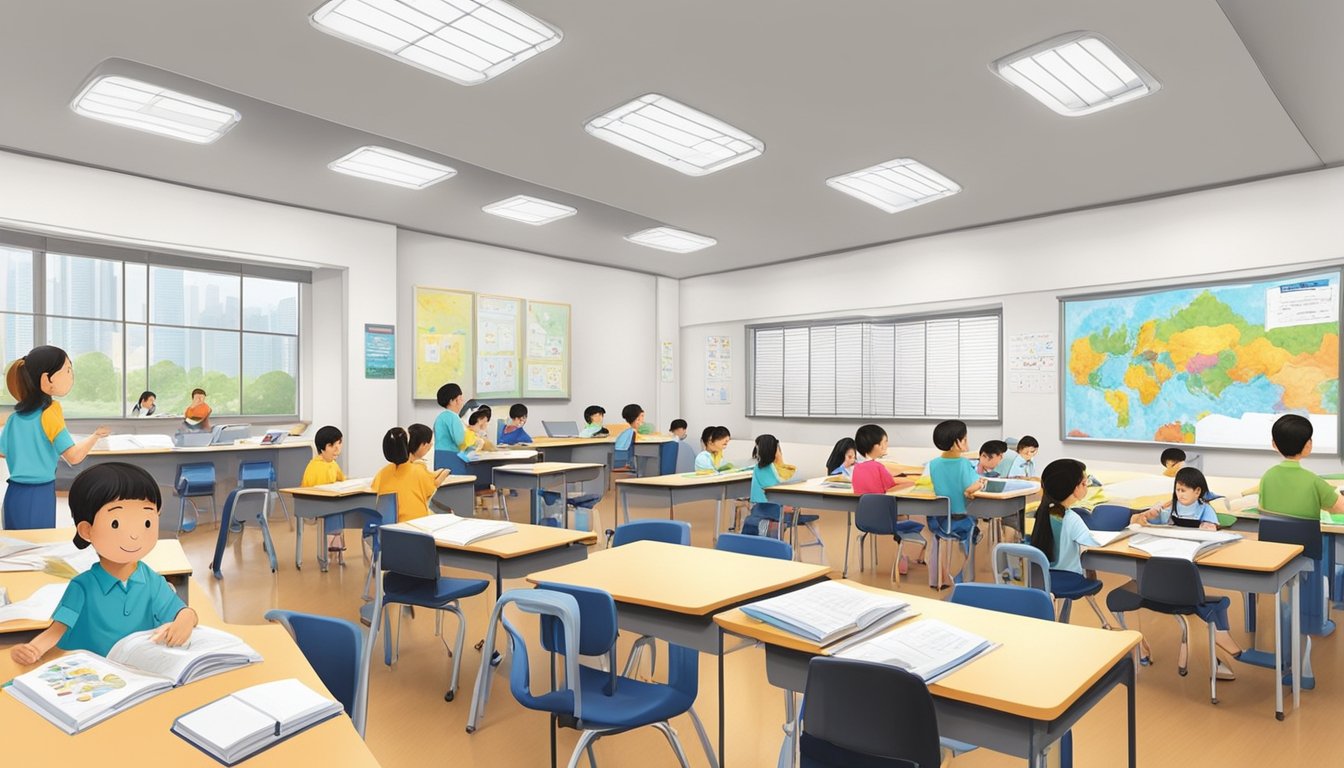 The Bishan tuition centre bustles with students and tutors, books and whiteboards filling the bright, spacious room. Desks are arranged in neat rows, and the walls are adorned with educational posters and charts