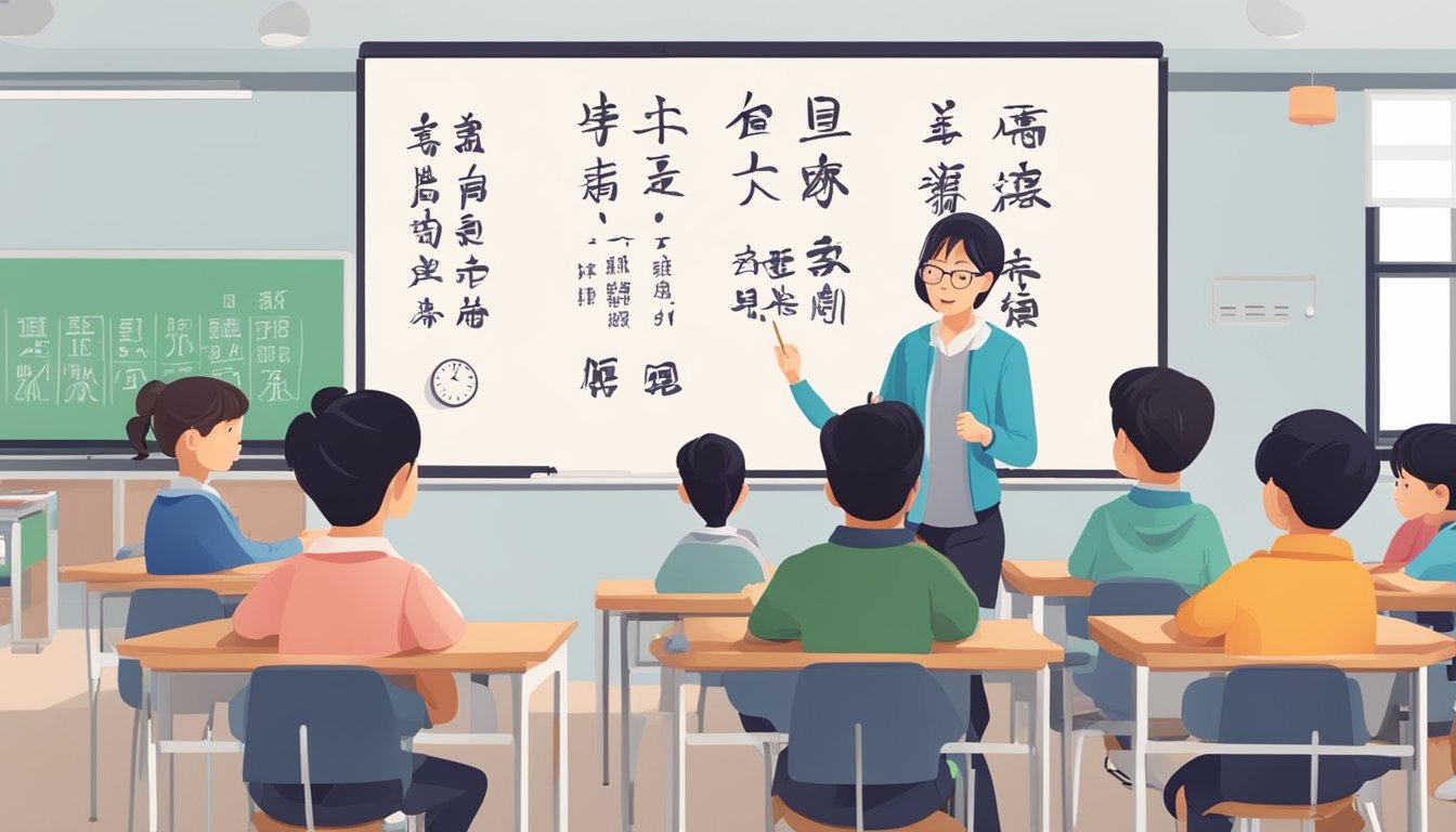 A group of students sit at desks, focused on a whiteboard with Chinese characters. The teacher stands at the front, explaining the lesson