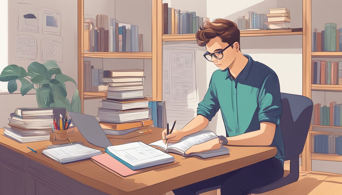 A student sits at a desk, surrounded by books and study materials. A tutor stands nearby, pointing to a chart of English language strategies