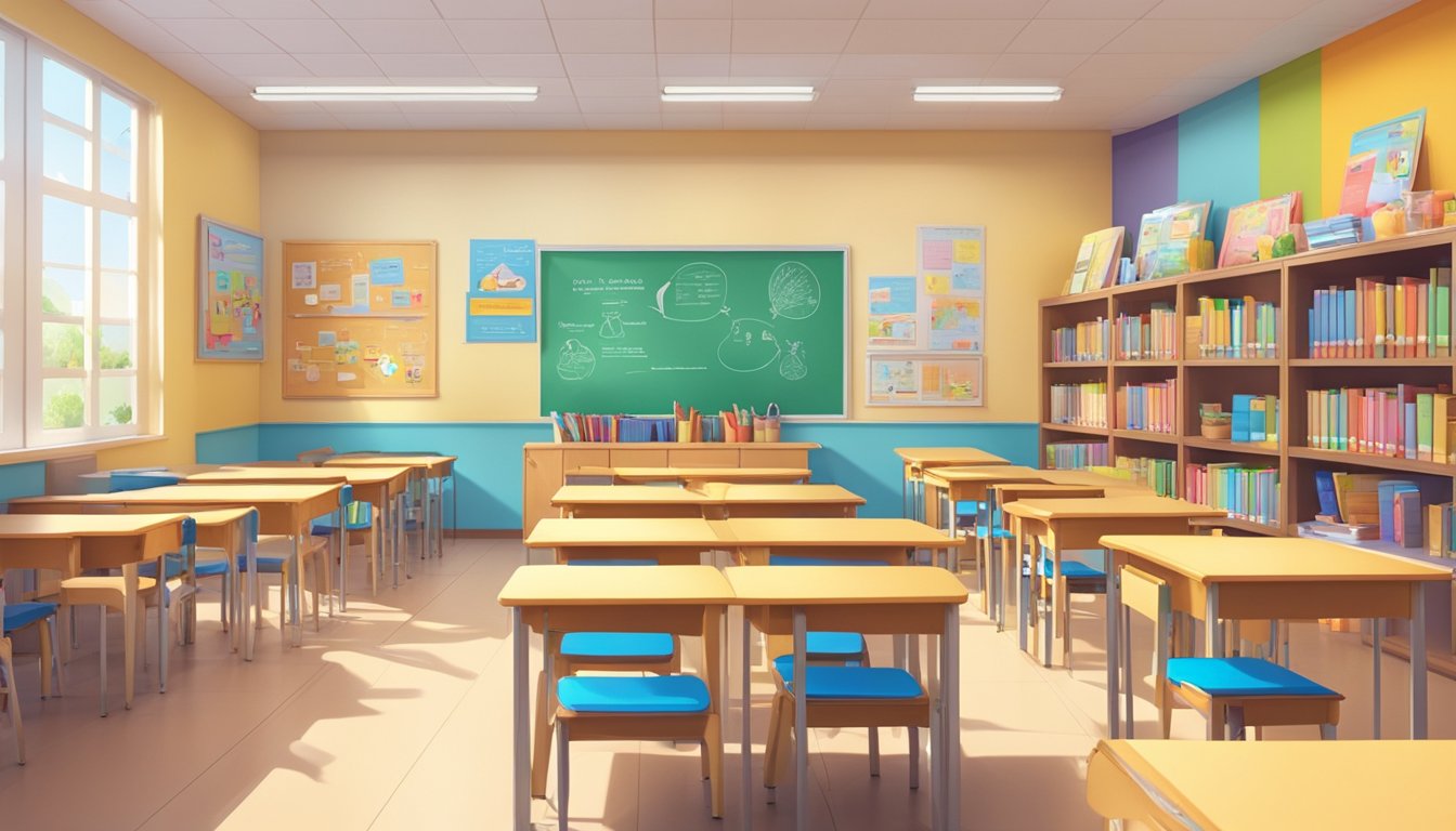 A bright and welcoming classroom at Bishan Tuition Centre, with colorful educational posters adorning the walls and shelves filled with books and learning materials