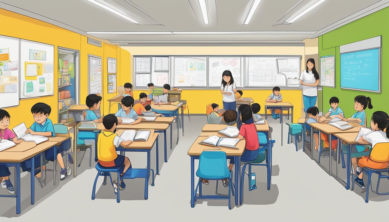 A bustling tuition centre in Jurong East, filled with students and teachers engaged in learning activities. Textbooks, whiteboards, and educational posters adorn the walls, creating a vibrant and studious atmosphere