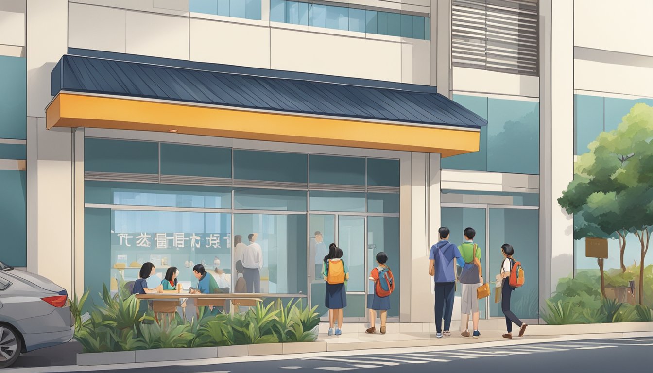 Students and parents gather outside Bishan tuition centre, looking at the signboard for practical information. The building is modern and inviting, with a warm and welcoming atmosphere
