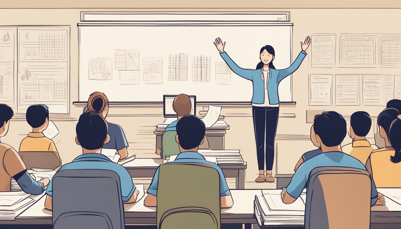 A group of students eagerly raising their hands, surrounded by textbooks and notes, while a teacher stands in front of a whiteboard with "Frequently Asked Questions Chinese Tuition" written on it