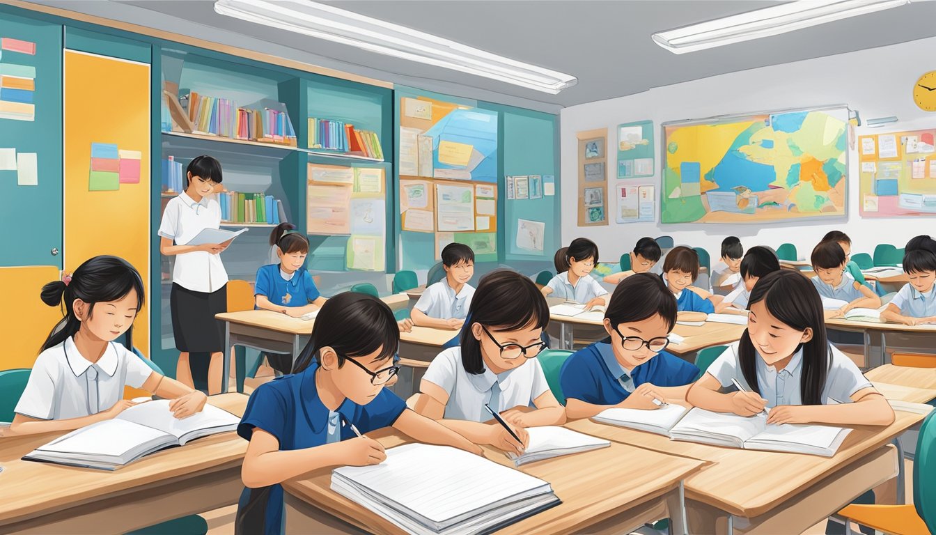 Students engaged in learning at Jurong East tuition centres, surrounded by books, whiteboards, and educational materials. Teachers guide and interact with students in a vibrant and focused atmosphere