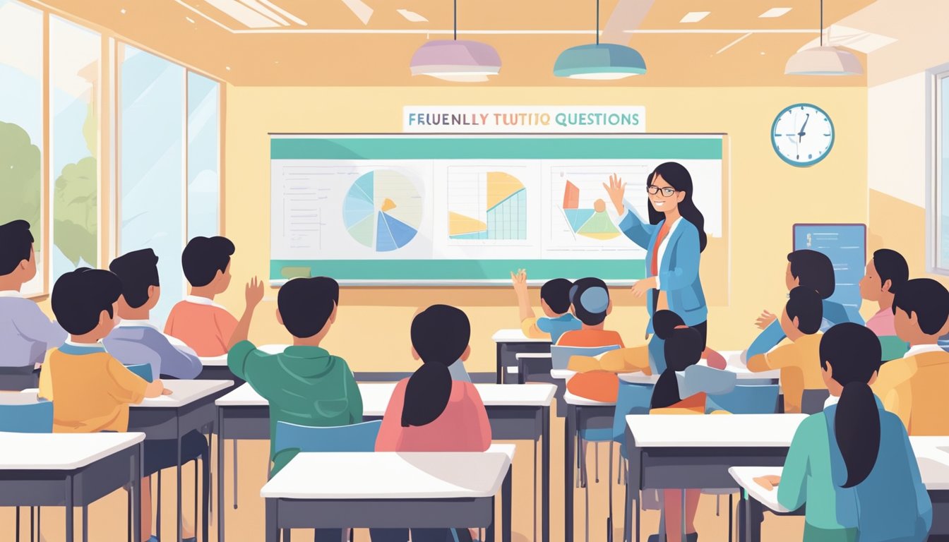 Students eagerly raise hands in a bright, modern classroom at the Bishan tuition centre, while a teacher smiles and points to a "Frequently Asked Questions" poster on the wall
