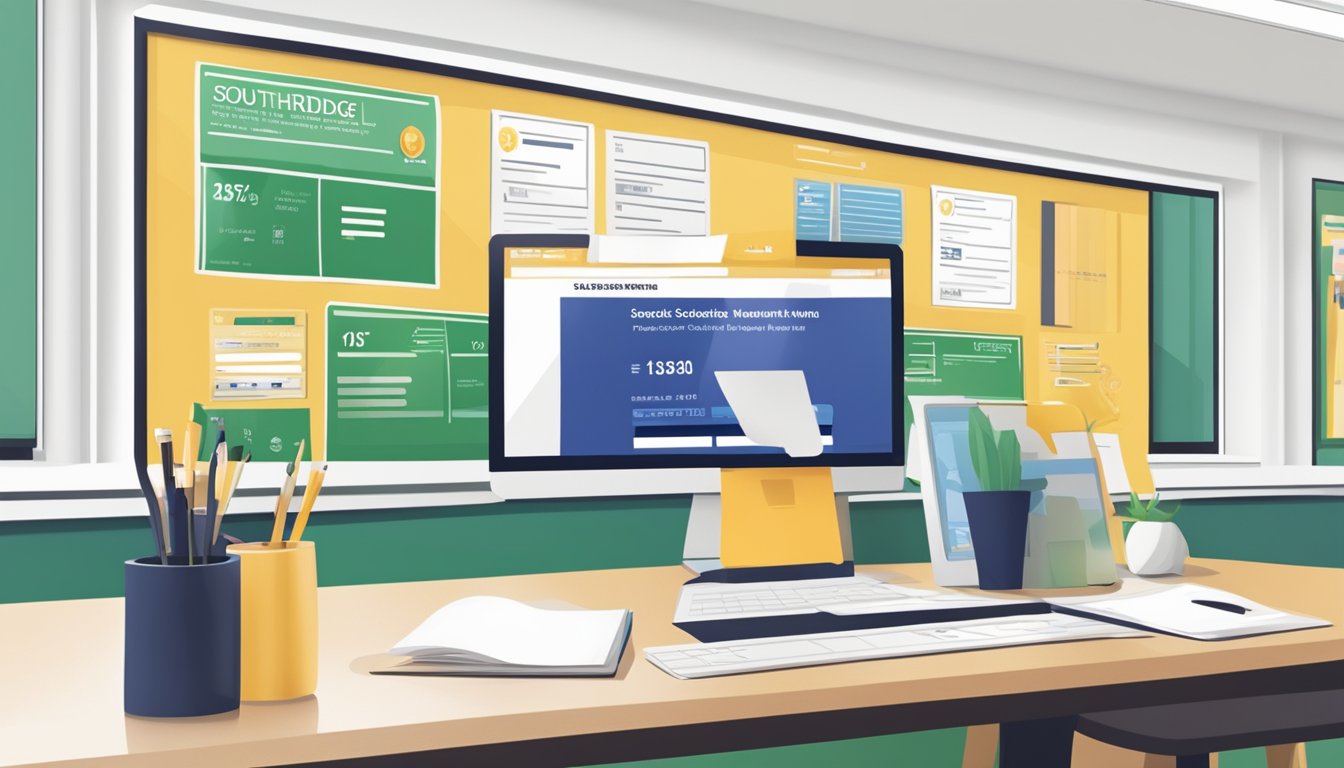 The Southridge School tuition payment being made online with a credit card, while the school emblem and website are visible in the background