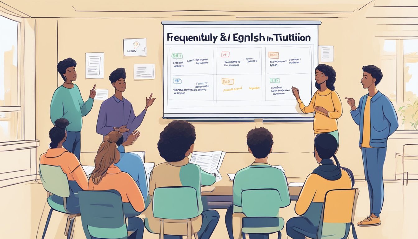 Students gather around a whiteboard with "Frequently Asked Questions in English Tuition" written on it. The teacher points to different sections, explaining to the attentive students