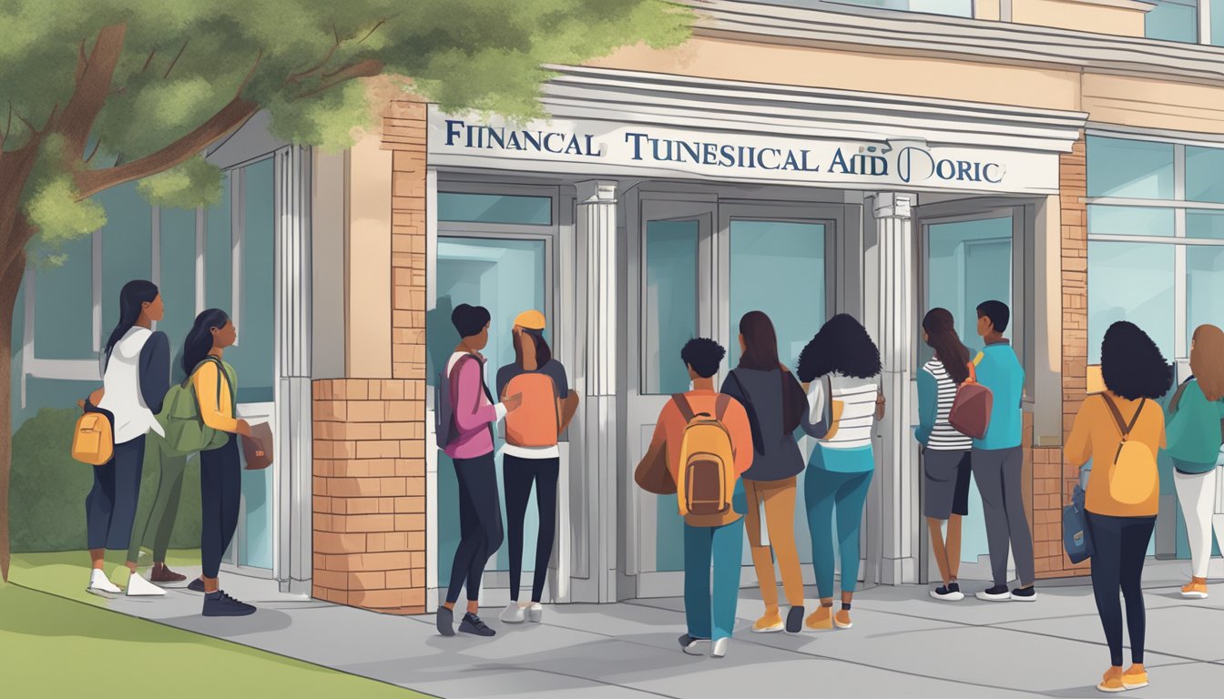 Students lining up at the financial aid office, with a sign displaying "Tuition and Financial Aid" above the entrance