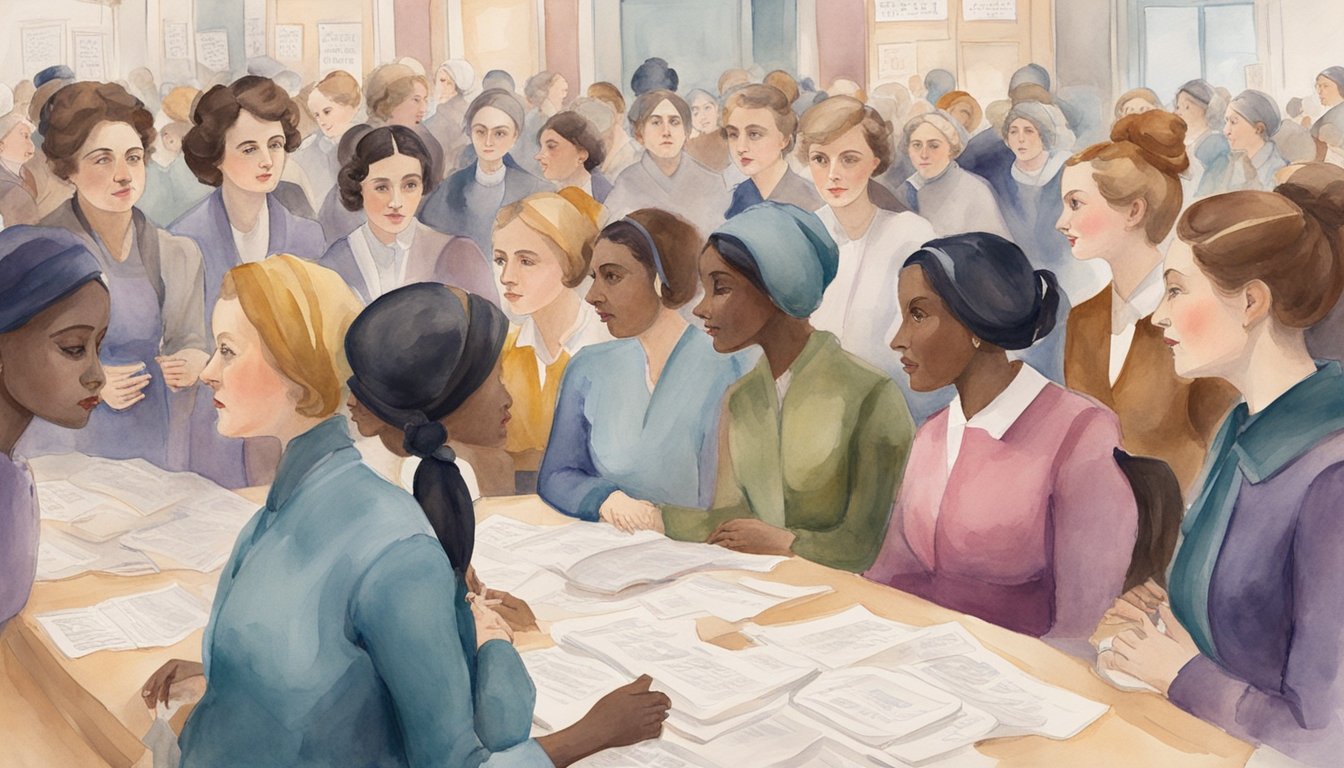 A group of women gather in a crowded room, passionately discussing and debating the importance of women's suffrage.</p><p>Posters and banners with empowering slogans adorn the walls, as the women strategize and plan their next steps in the fight for equality