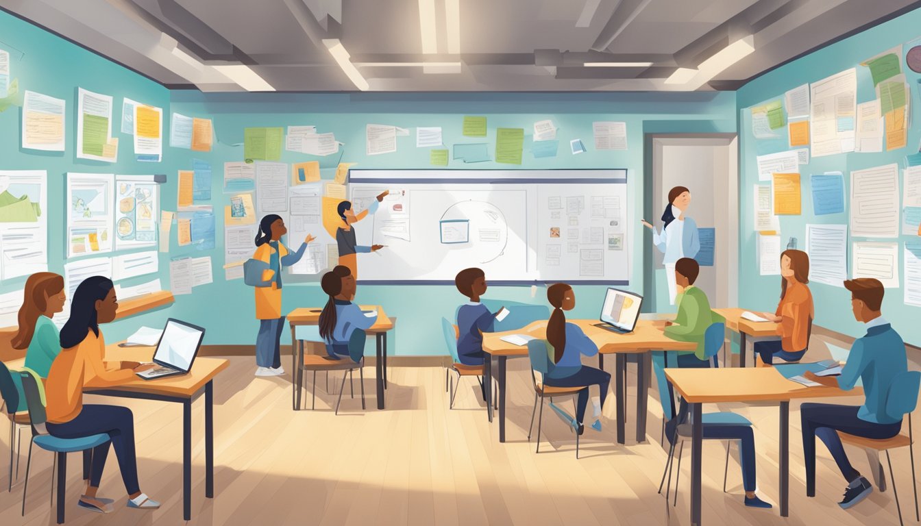 Students engaged in collaborative learning activities, while tutors provide personalized guidance. Walls adorned with academic achievements and positive testimonials