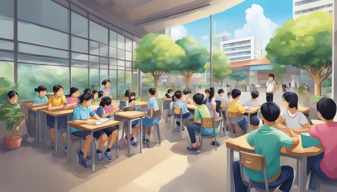 Students gather around a signboard at the Jurong East tuition centre, reading and pointing. The center is bustling with activity