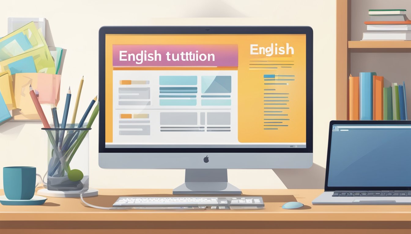A computer screen with "English Tuition Online" displayed, a keyboard, and a mouse on a desk