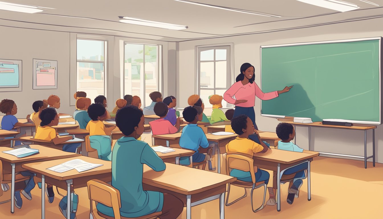 A classroom filled with desks, a whiteboard, and educational materials. A tutor stands at the front, engaging with students