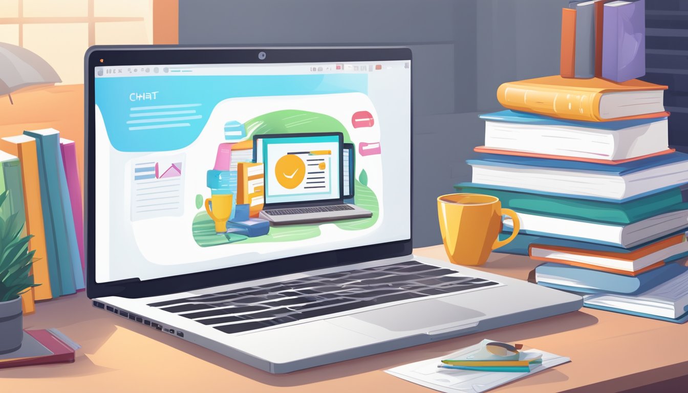 A laptop displaying an online English lesson with a virtual whiteboard and chat box, surrounded by books and a cozy study space