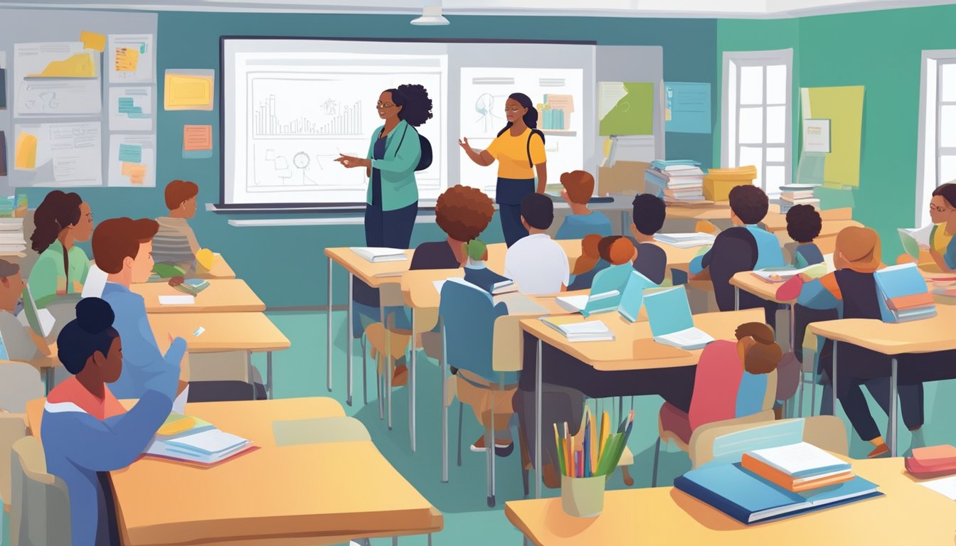 Students and tutors engage in interactive learning at Tuition Services center. Books, whiteboards, and educational materials fill the vibrant space