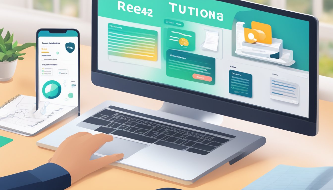 A computer screen displaying a virtual English tuition platform with interactive lessons and a progression tracker