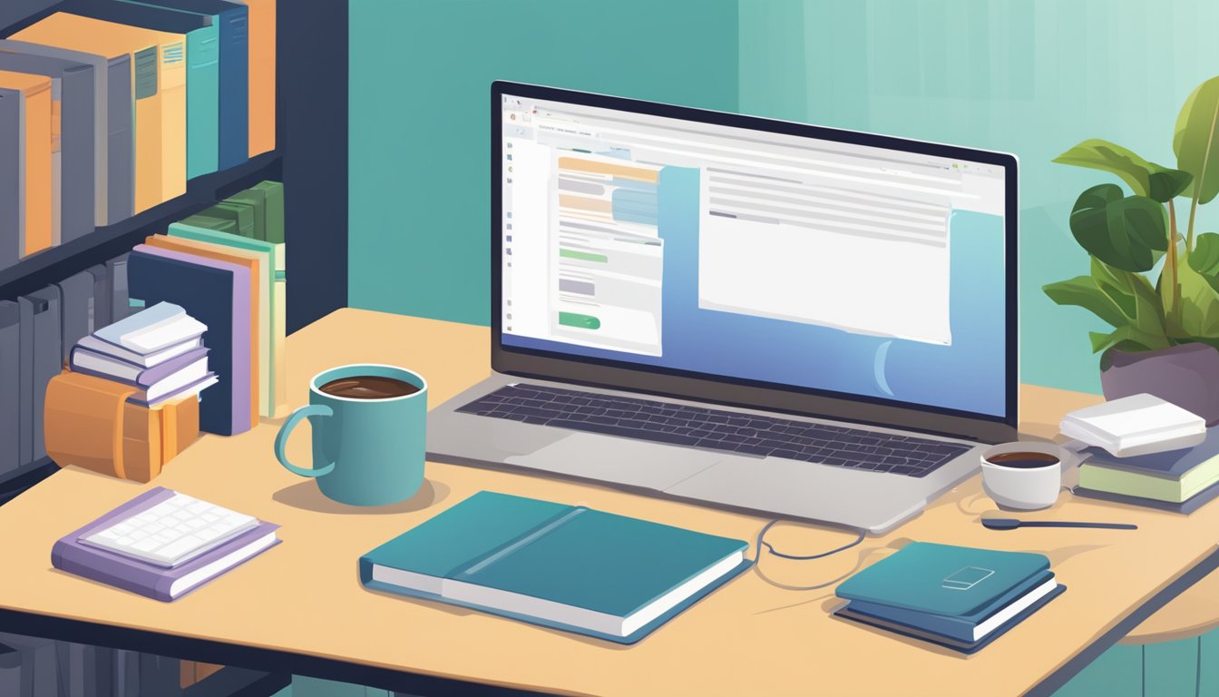 A computer with a keyboard and mouse, surrounded by books and a cup of coffee. A virtual classroom on the screen with "Frequently Asked Questions English Tuition Online" displayed