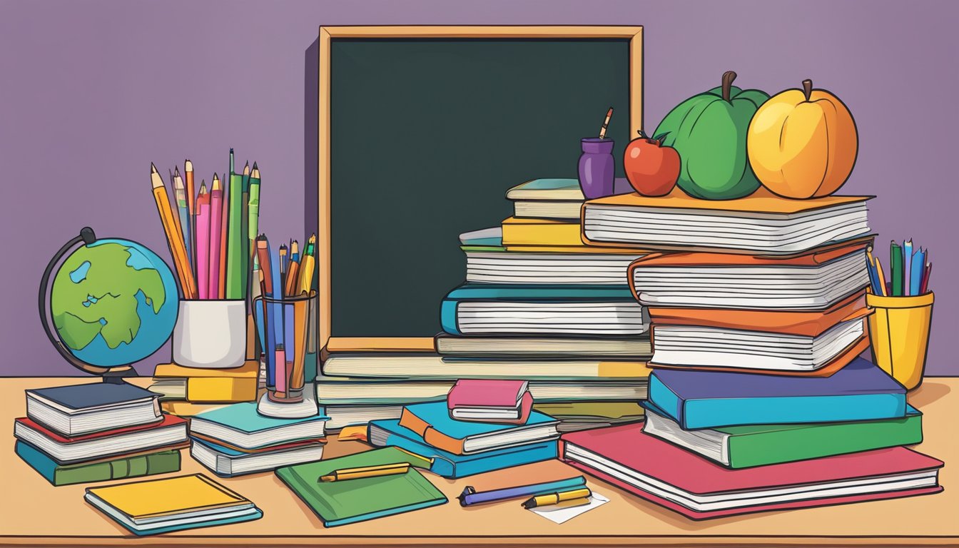 A colorful array of textbooks and educational materials arranged neatly on a desk, with a chalkboard in the background displaying various subjects and curriculum offerings