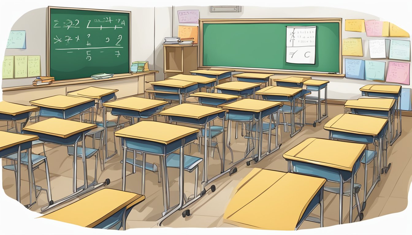 A classroom with textbooks, whiteboard, and mathematical equations