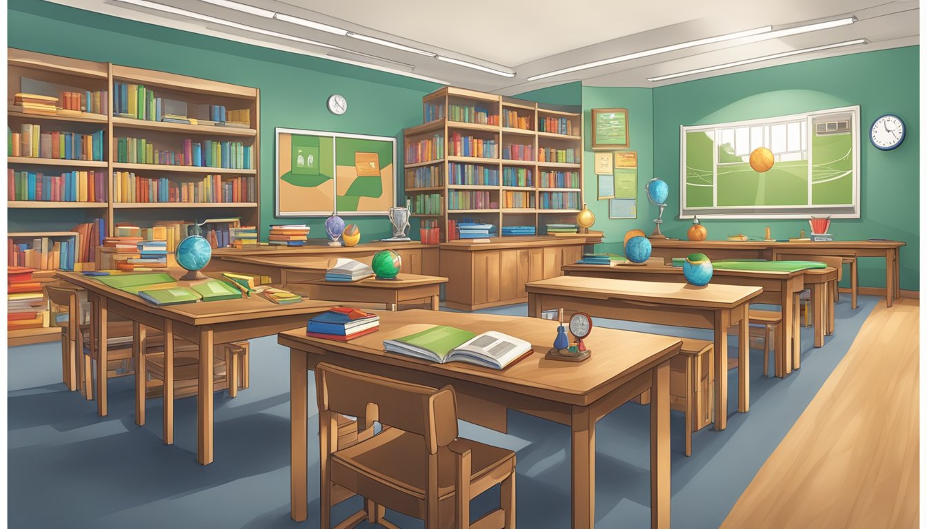 Mater Dei Tuition: Affordable and Quality Education in Singapore A classroom with trophies and awards displayed alongside books and sports equipment, representing academic and extracurricular excellence at Mater Dei Tuition