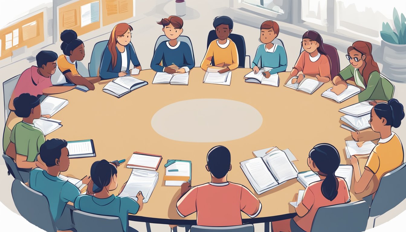 A group of students sits in a circle, surrounded by textbooks and notebooks. A tutor stands at the front, pointing to a whiteboard with the words "Frequently Asked Questions tuition services" written on it