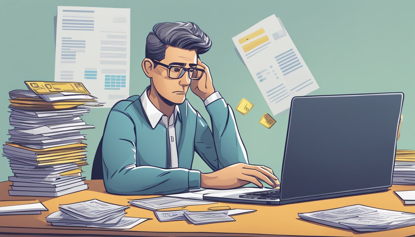 A stack of bills, a calculator, and a laptop on a desk, with a worried expression on a person