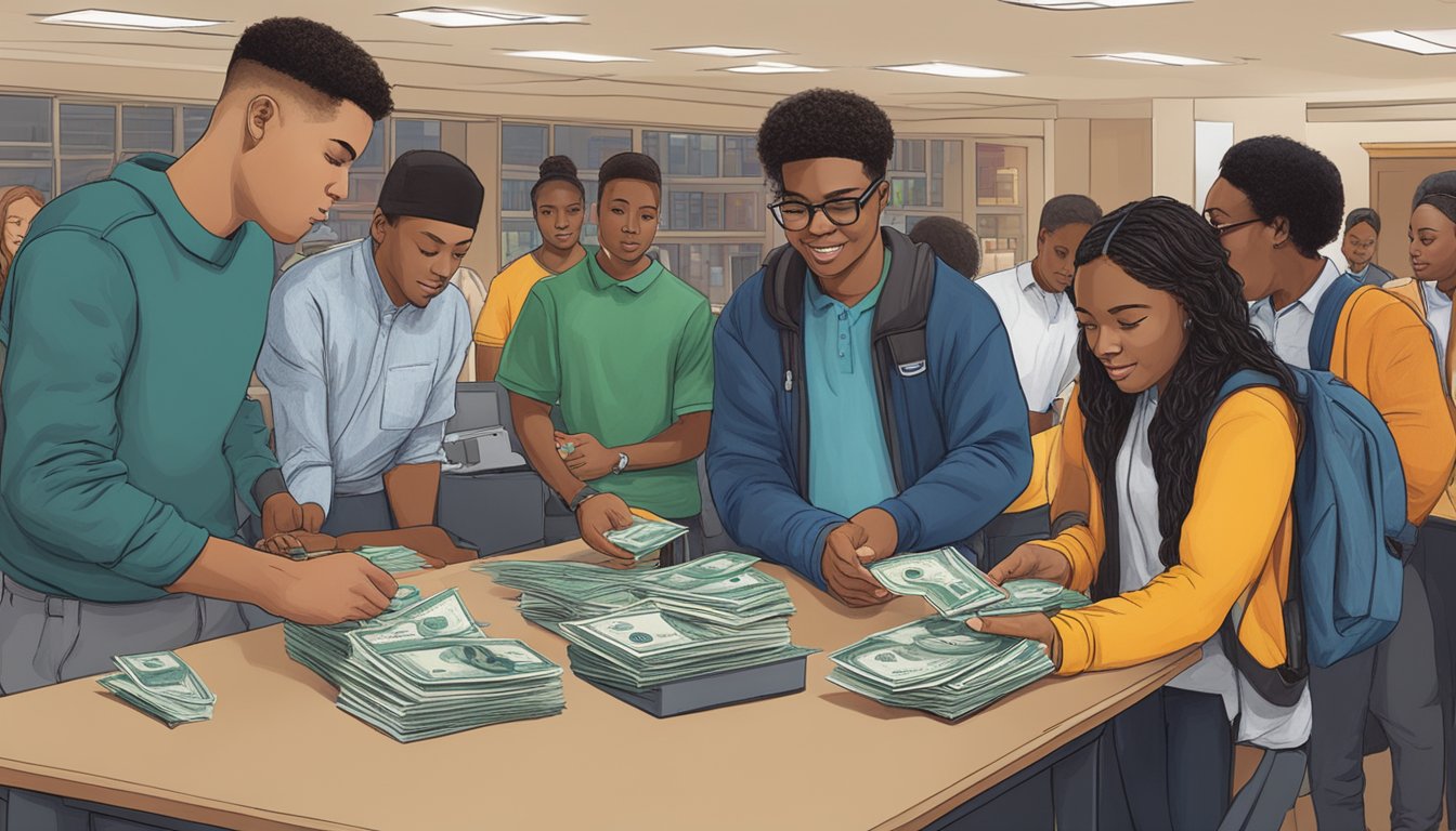 Students paying tuition at Baruch College, handing over money or swiping credit cards at the bursar
