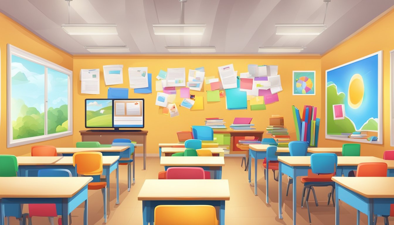 A classroom with colorful posters and books, a whiteboard with English lessons, and students