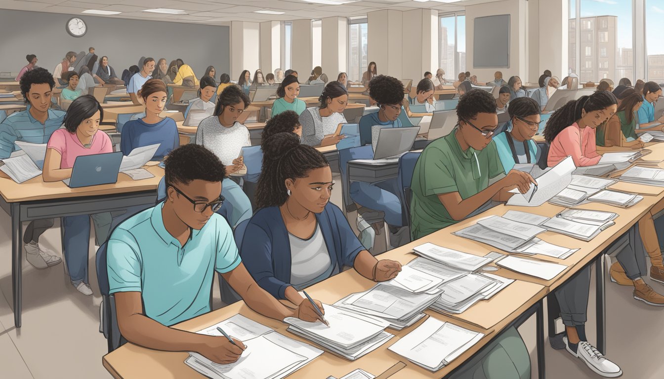 Students receiving financial aid forms and scholarship applications at Baruch College, with tuition fees displayed in the background