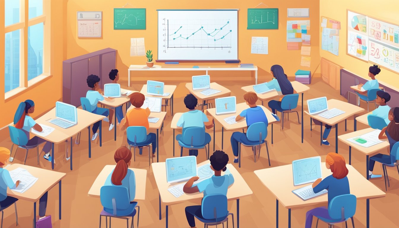 A bright, modern classroom with colorful math posters on the walls. A whiteboard displays complex equations and diagrams. Students sit at desks, engaged in learning