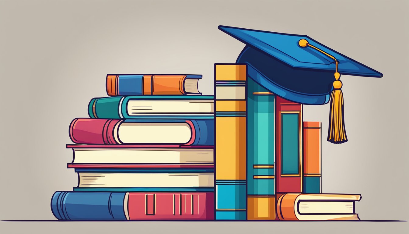 A stack of books with a graduation cap on top, surrounded by a rising graph symbolizing academic achievement