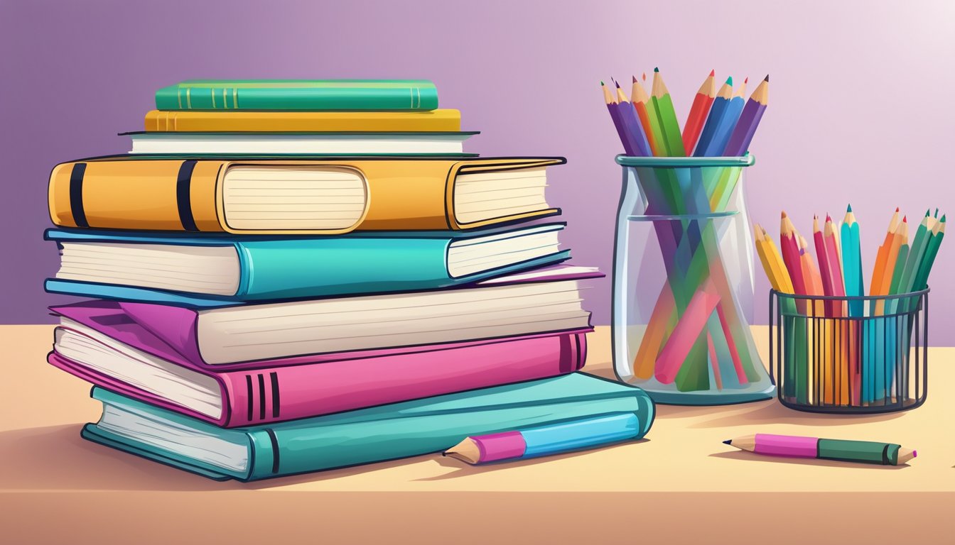 A stack of English textbooks surrounded by colorful educational materials and a whiteboard with vocabulary words and grammar rules