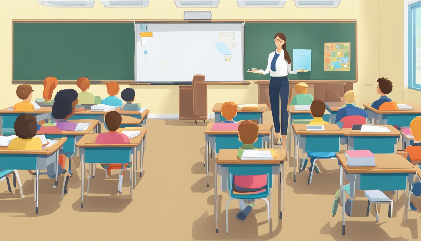 A classroom filled with desks, chairs, and a whiteboard. Books and notebooks scattered around. A teacher standing at the front, writing on the board