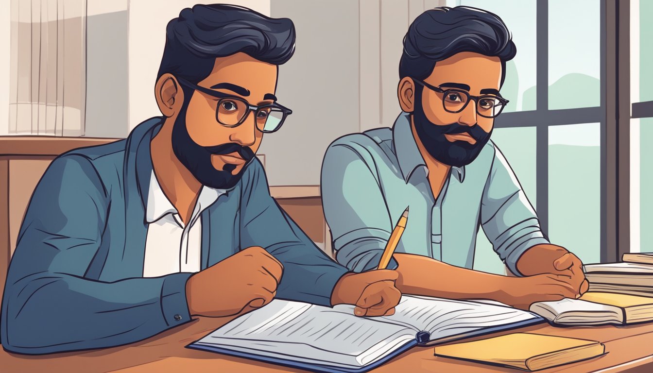 A student and a tutor sit at a table with Tamil textbooks and notebooks. The tutor explains a concept as the student listens attentively