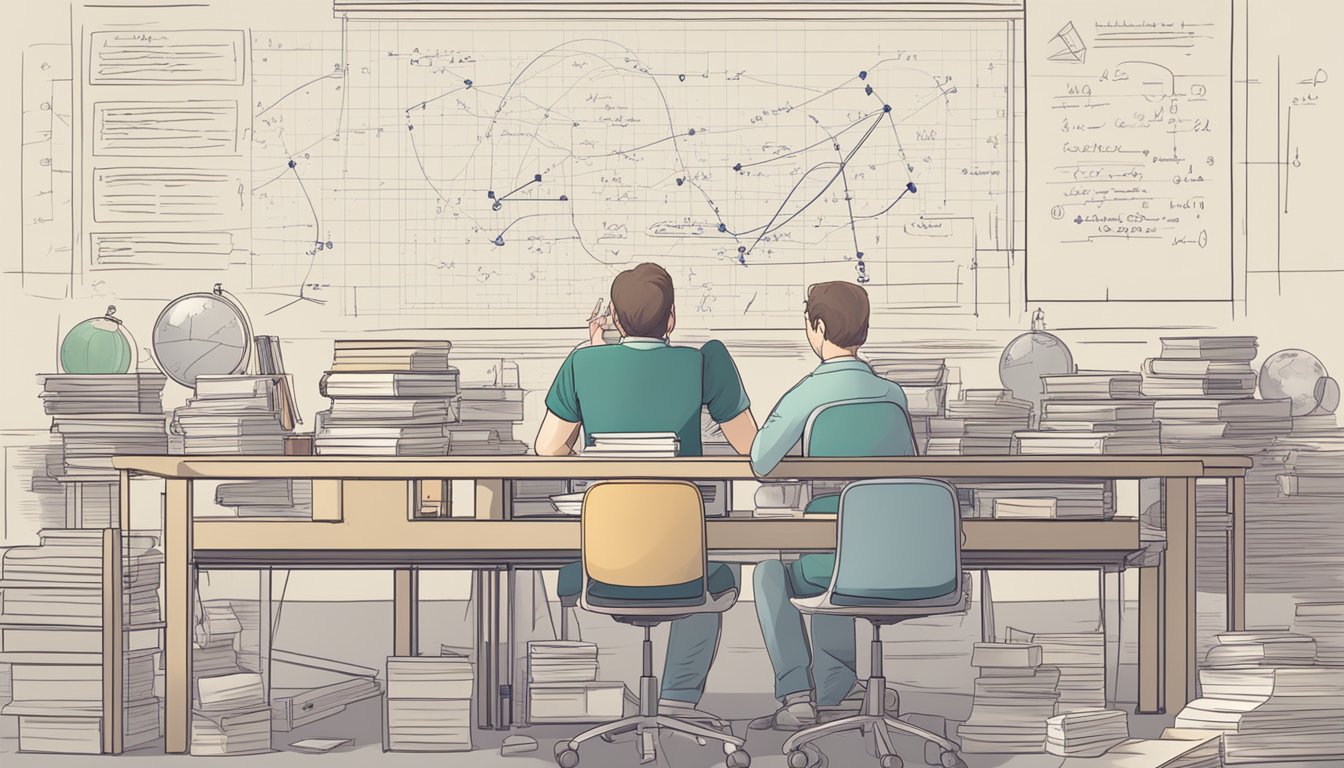 A student sits at a desk, surrounded by textbooks and notes. A physics equation is written on a whiteboard, with diagrams and graphs displayed around the room