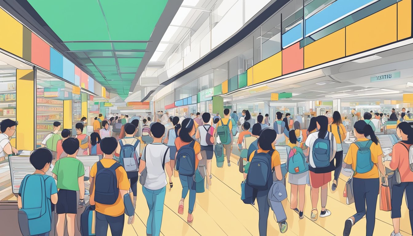 Students bustling in and out of tuition centers at Jurong Point, with colorful signs and study materials filling the busy corridors