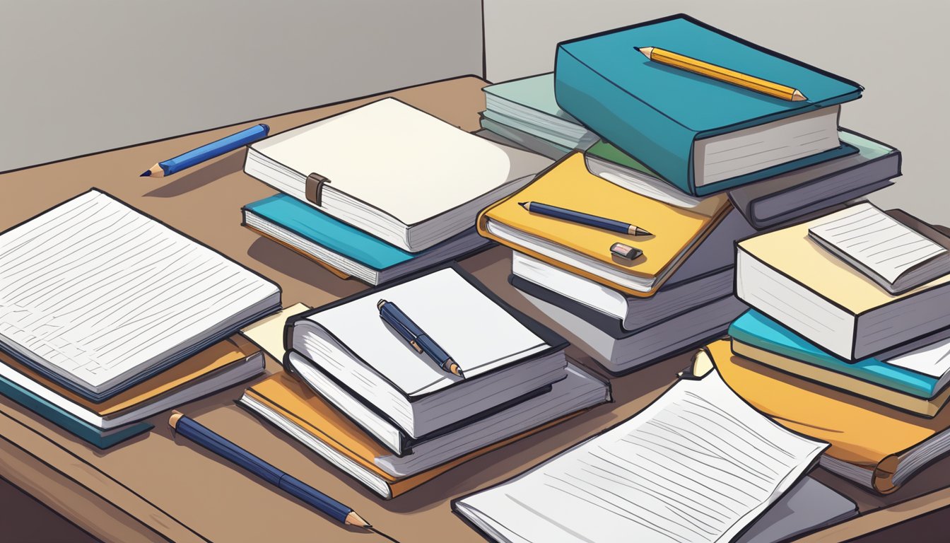 A stack of textbooks and worksheets arranged neatly on a desk, with a pencil and eraser placed next to them