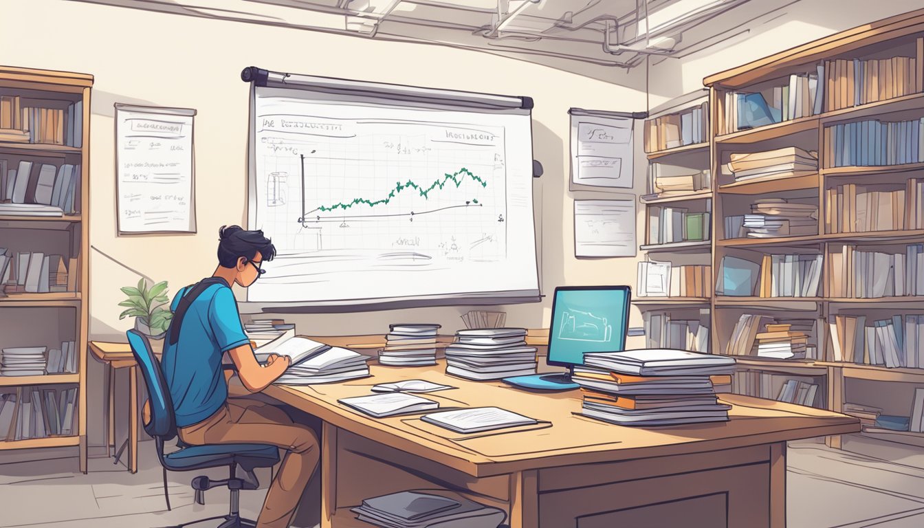 A student studying physics with books, notes, and a whiteboard in a bright, organized study space