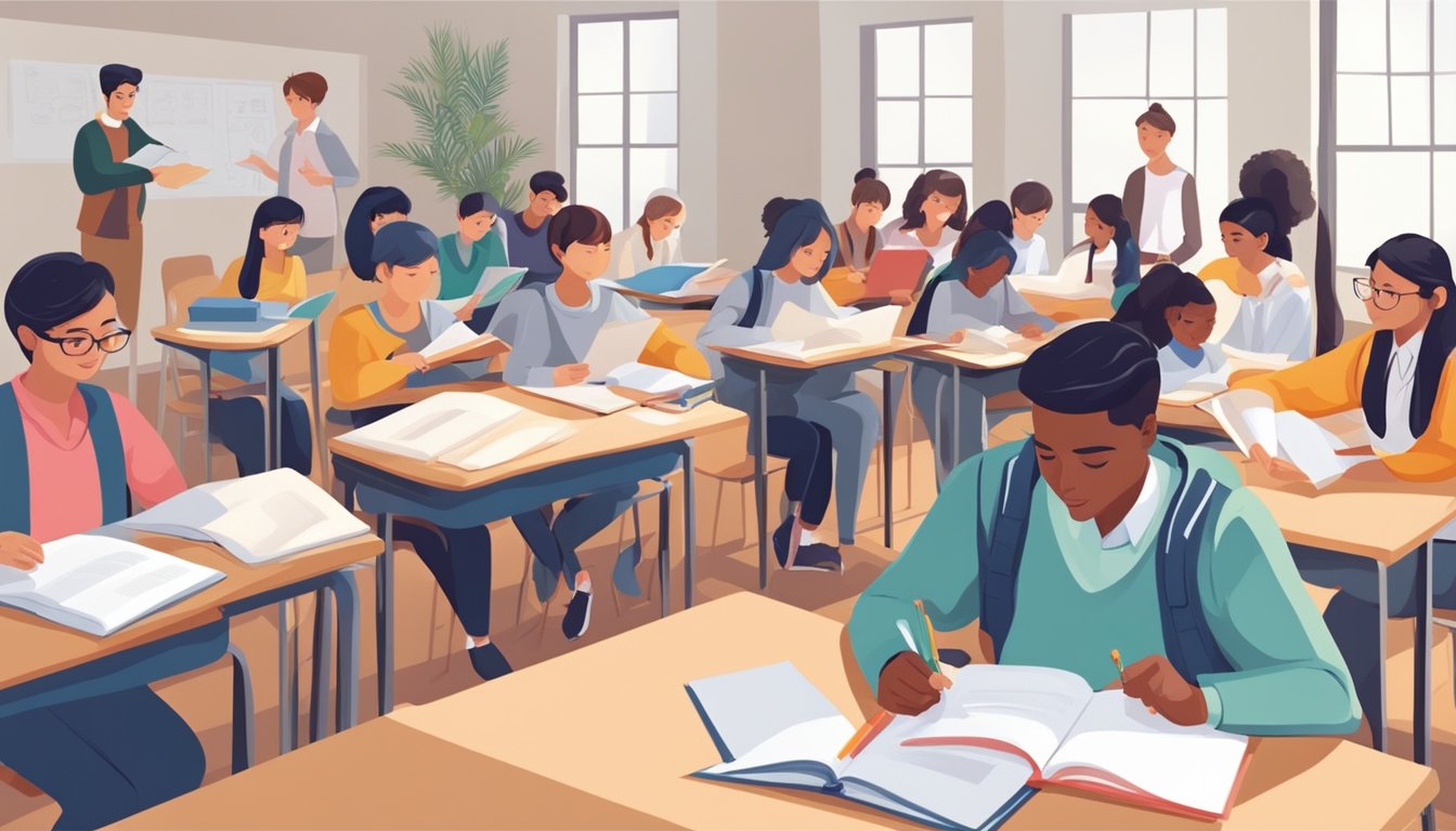 A group of students actively participating in an English tuition class, engaged in various language activities and exercises to enhance their proficiency